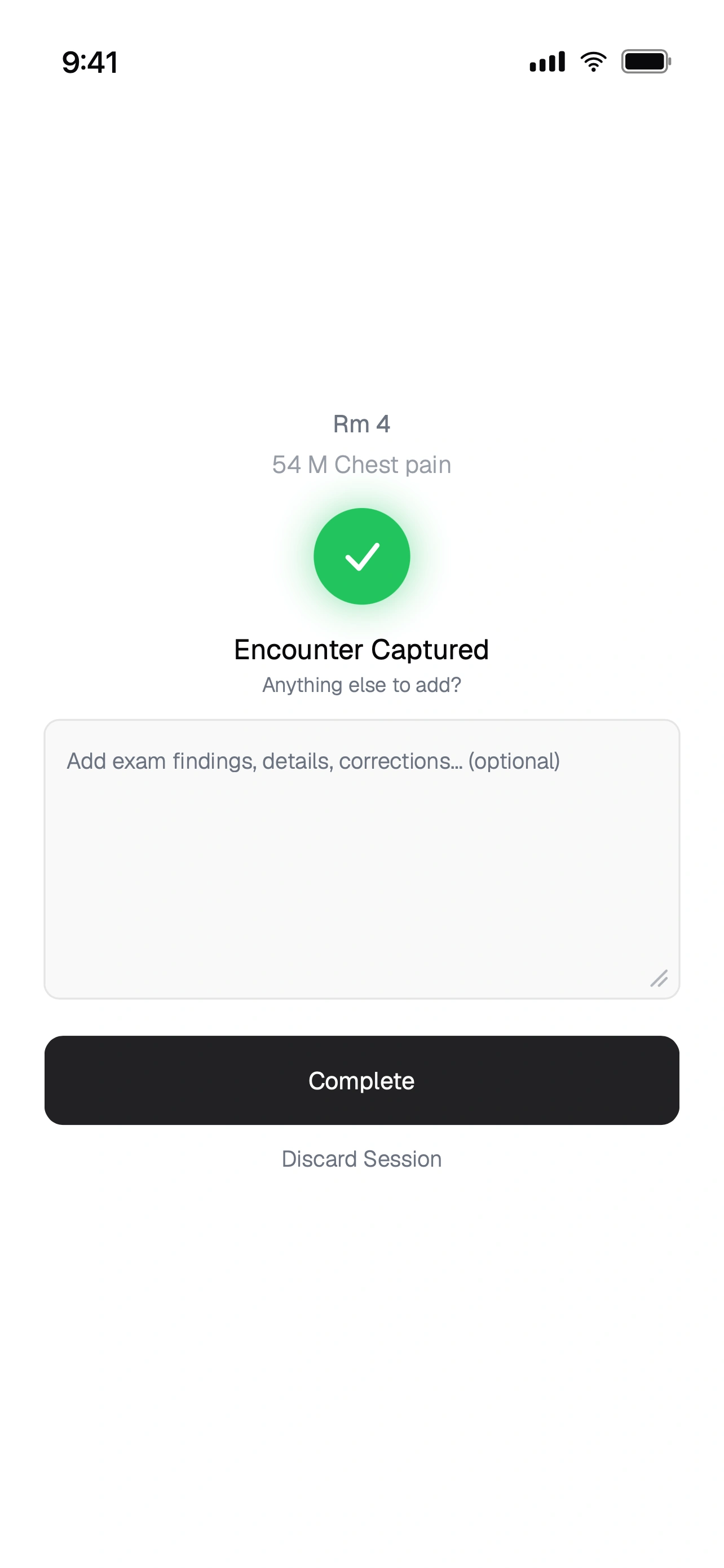 Encounter Captured screen with an optional box to add exam findings, details, or corrections